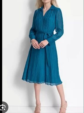 DKNY Blue Midi Dress Women Size 16 Pleated Long Sleeve Belted Shirt Dress NWT